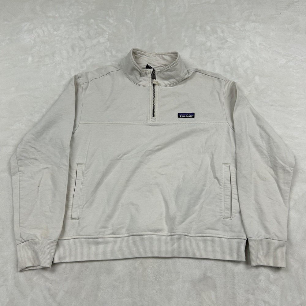 Patagonia Quarter Zip Pullover womans Medium Cream Organic Cotton P-6 Logo
